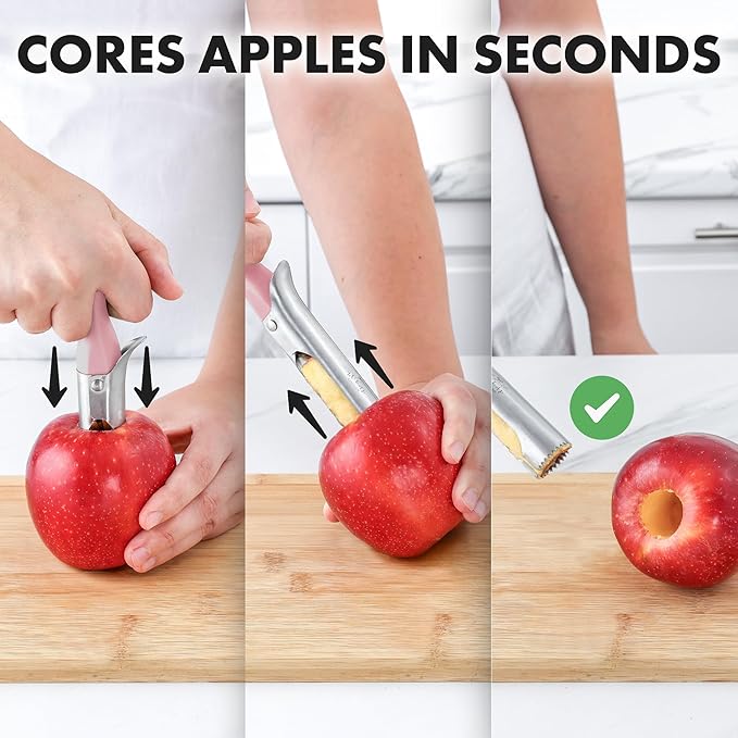 Zulay Kitchen Ultra Sharp Apple Corer Tool - Stainless Steel, Sharp & Serrated Blade Cores in Seconds - Easy to Use & Clean, Durable Apple Core Remover for Apples & Small Fruits - Pink