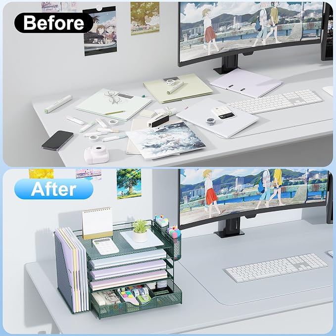 gianotter 5-Tier Desk Organizer with Drawers, File Holders, Letter Trays and Pen Holders - Workspace Accessories for Office Supplies (Green)