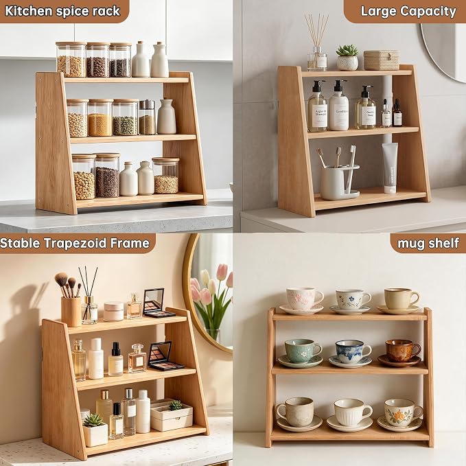 100% Solid Wood Coffee Bar Organizer, Countertop Organizer | 3 Tier Coffee Station Organizer, Water Proof Bathroom Counter Organizer, Display Shelf for Mug, Makeup, Trinket, perfume