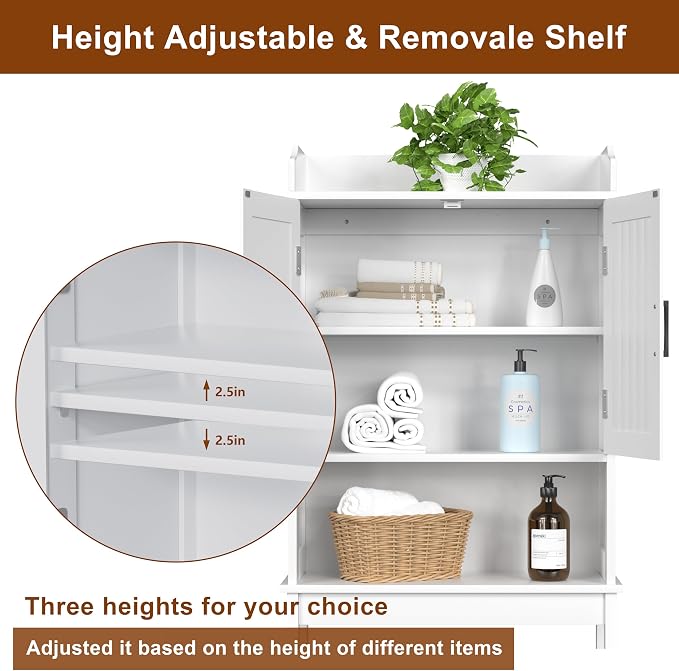 Yardenaler Over-The-Toilet Storage Shelf with Doors, Bathroom Freestanding Space Saver Organizer with Adjustable Shelf, White