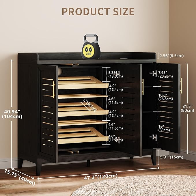 Vlsrka Shoe Storage Cabinet with Shutter Doors and Adjustable Shelves | 6 Tier Wooden Shoe Organizer, Large Capacity, Human Sensor Lighting, 180° Rotating, for Entryway, Hallway, Living Room, Black