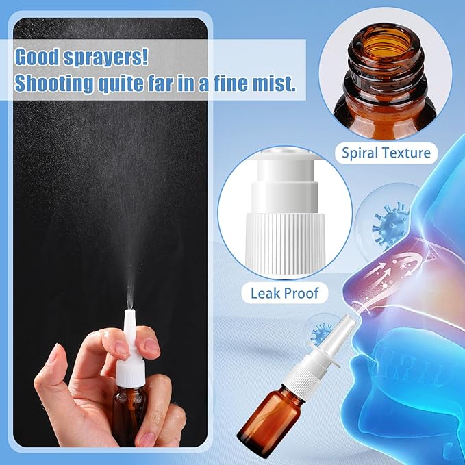 20 Pcs Nasal Spray Bottle, 10ML/0.35OZ 12Pcs Glass Brown Nasal Spray Bottles Empty with 4 Funnels and 4 Labels