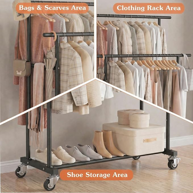Calmootey Rolling Garment Rack with 2 Rods, Clothes Organizer for Bedroom | High-Low Rods, Two Lockable Wheels, Sturdy Metal Frame, Space-Saving, Fits Laundry, Living Room, Black