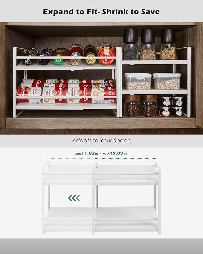Expandable Cabinet Shelf Organizer, 2-Tier Countertop Storage Riser | Heavy-Duty Metal, Holds 80 lb, Adjusts Wide, 13 Height Slots, Tilt Option, for Kitchen, Pantry & Cupboard, Under Sink, White