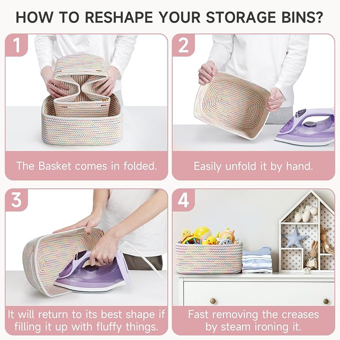 3-Pcs Shelf Baskets for Organizing, Closet Organizer Bins, Small Woven Baskets, Rope Toy Basket, Storage Basket for Shelves, Cube Decorative Box, 11.8×7.8×5.1”, Rainbow