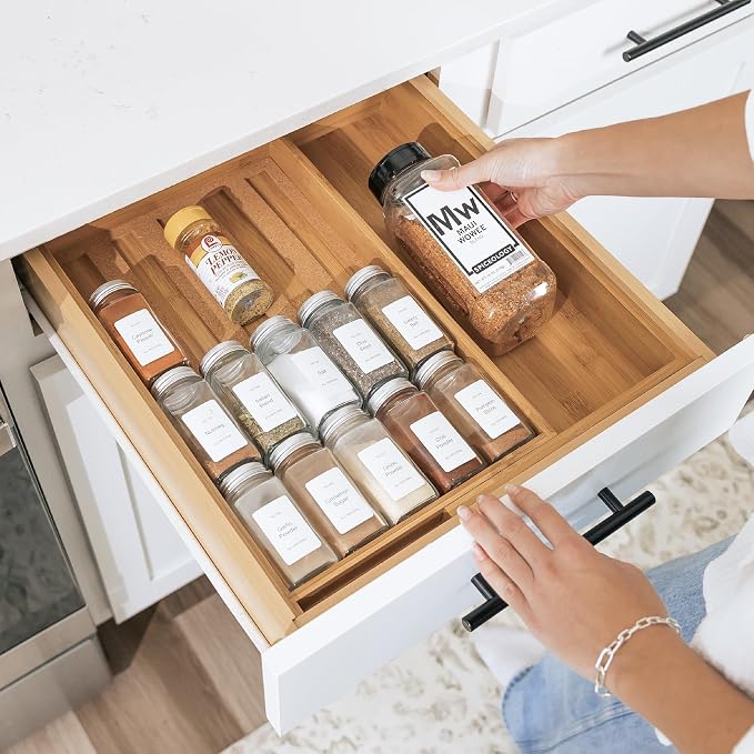 KitchenEdge Spice Drawer Organizer with Expandable Storage. Holds up to 15 Spice Jars (Not Included), Non-Slip Feet, Kitchen Accessory Storage, 100% Sustainable Bamboo Wood