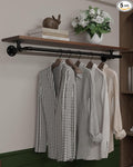 Clothes Rack 48in, Wall Mounted Garment Rack with Solid Walnut Wood Shelf, Heavy Duty Hanging Clothes Rack, Multi-Purpose Hanging Rod, Space-Saving Closet Storage