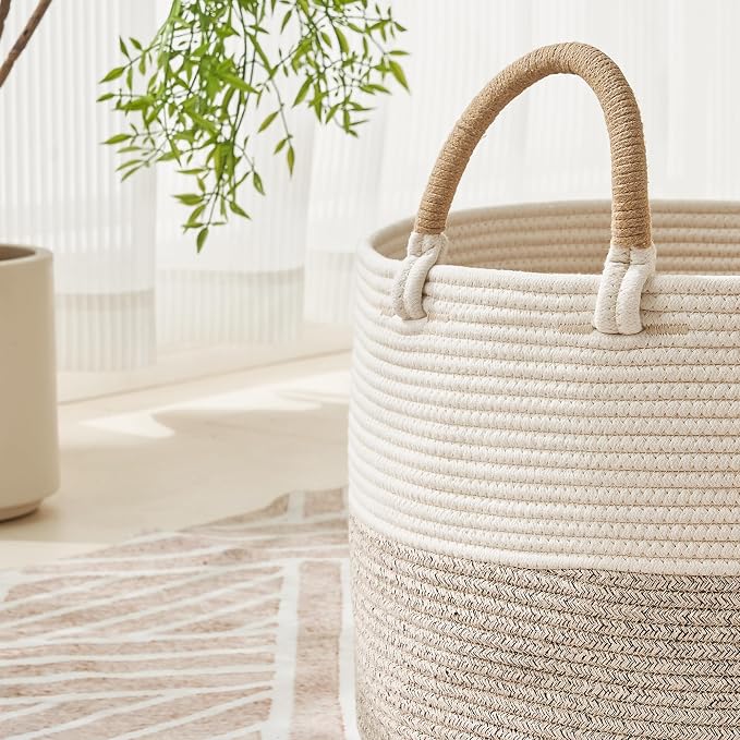 KAKAMAY Large Blanket Basket 20"x13", Cotton Rope Woven Laundry Storage Basket, Baskets for Toy,Stuffed Animal Storage, Dog,Toy Box, Gift Basket for Living Room Nursery Baby Hamper (Beige)