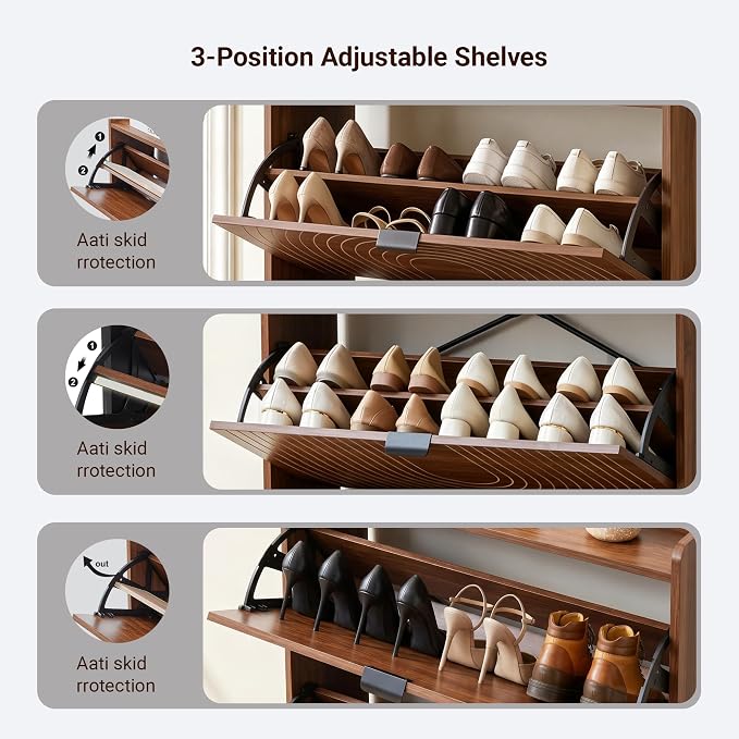 Arch-Chic Shoe Cabinet for Entryway with 2 Flip Drawers, Freestanding Shoe Storage Cabinet for Entryway, Narrow Wood Shoe Organizer for Foyer, Front Door, Hallway