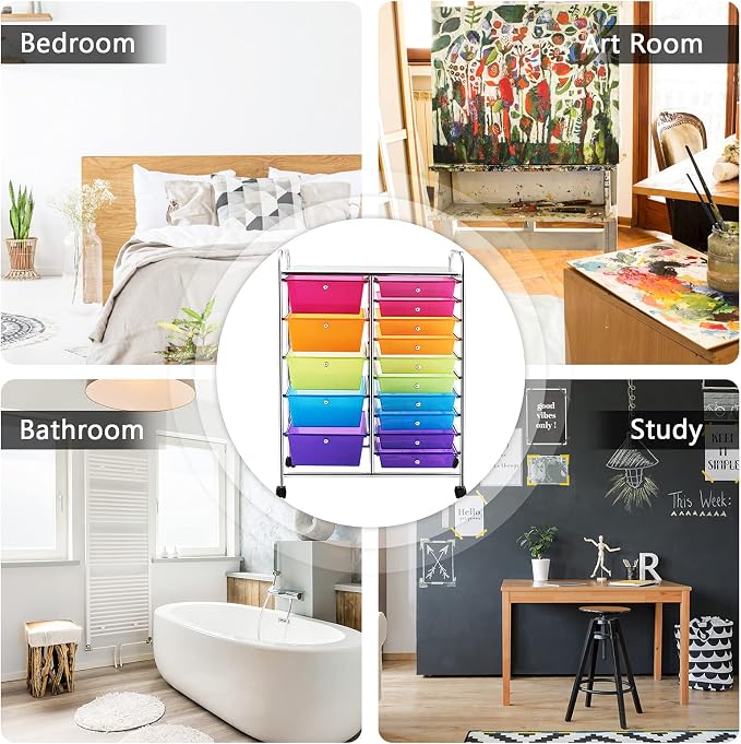 DREAMADE Rolling Cart with 15 Drawers, Utility Cart with Removable Storage Drawers, Lockable Wheels, Art Cart for Home Office Living Room Art Supplies Crafts (Rainbow, 25"L x 14.5"W x 34.5"H)
