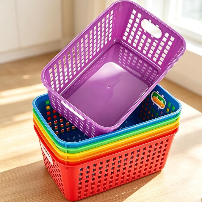 6 Pack Plastic Classroom Storage Baskets, Organizer Bins with Handle | Rainbow Color 11" × 7.1" × 4.6" Medium Papers Book Storage Organizer for School Classroom Library Office Home Desktop Closets