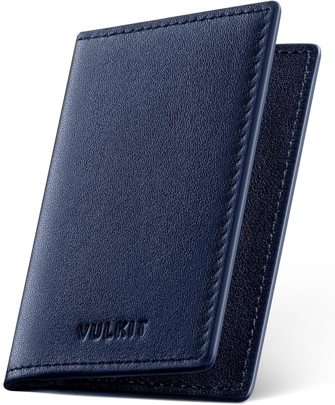 VULKIT Leather Business Card Holder 2 Sided Slim Business Name Card Organizer for Men or Women (Nappa Navy)
