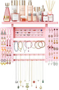 Emfogo Jewelry Organizer Hanging Wall Mounted Jewelry Holder, 5-in-1 Large Capacity Wood Necklace Organizer Wall Display for Ring, Necklaces, Bracelets, Earrings (Pink)