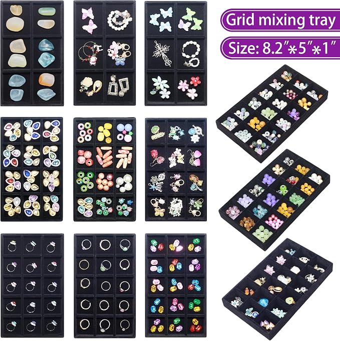 12 Pack Velvet Jewelry Drawer Organizer Trays Stackable Jewelry Storage Inserts Set Jewelry Tray for Earring Necklace Rings Bracelet with Removable Dividers for Dresser & Vanity,Black