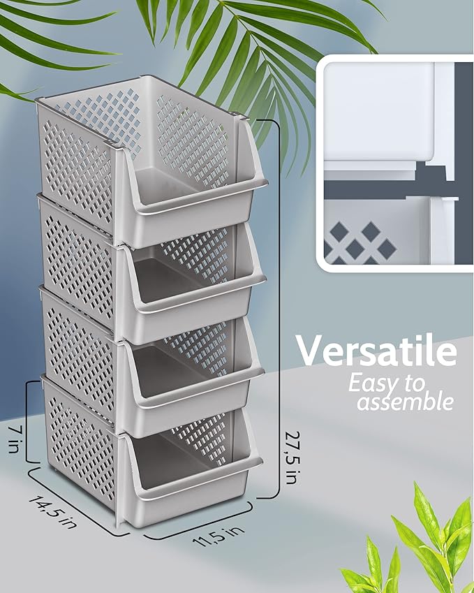TidyFriend Stackable Storage Bins for Pantry - 8 Pack Stackable Bins for Organizing Food, Kitchen, and Bathroom Essentials (Light Grey)
