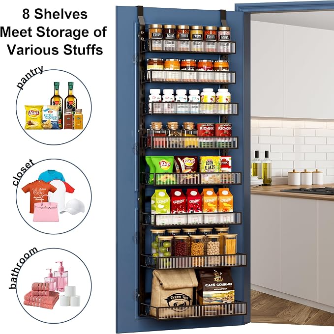 Over the Door Pantry Organizer 8 Tiers Hanging Door or Wall Mounted Spice Rack with Adjustable Acrylic Basket,Heavy Duty Metal Seasoning Storage Shelf for Kitchen Pantry and Bathroom