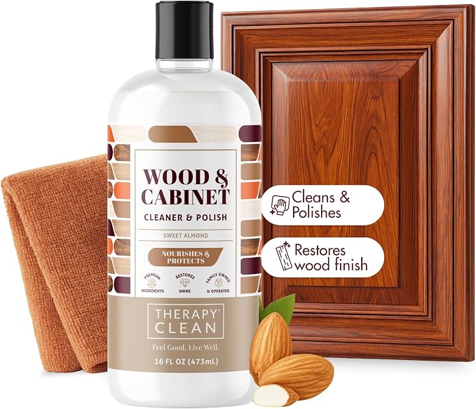 Therapy Wood Cleaner and Polish - Cabinet & Table Restorer (16 oz) | Includes microfiber cloth. Almond scent, natural conditioning formula. Restores wood cabinets, tables & furniture. 16oz