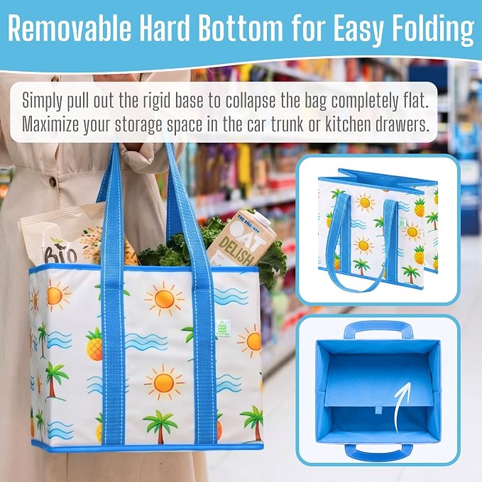 VENO 3 Pack Reusable Grocery Bags, Shopping Bags for groceries, Utility Tote with Handles and Hard Bottom, Foldable Shopping Cart Organizer, Heavy-Duty (Tropical Island, 6 Gallon-3 Pack)