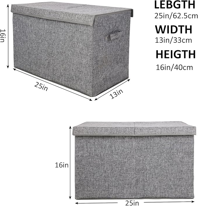 popoly 2 Pack Large Toy Box Chest with Lid, Collapsible Sturdy Toy Storage Organizer Boxes Bins Baskets for Kids, Boys, Girls, Nursery, Playroom, 25"x13" x16" (Linen Gray)