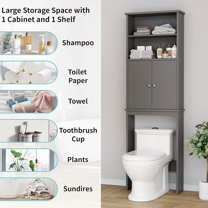 Shintenchi Over The Toilet Storage Cabinet, Bathroom Above The Toilet Rack, Bathroom Adjustable Shelf Organizer with Open Bottom Bar and Anti-Tip Device, Gray
