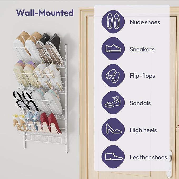 SWTYMIKI Over the Door Shoe Organizer - Adjustable 4 Tier Hanging Shoe Rack Organizer, Metal Heavy Duty Behind Door Storage or Wall Mount Shoes Shelf for Flats, Heels, Sneakers, Boots