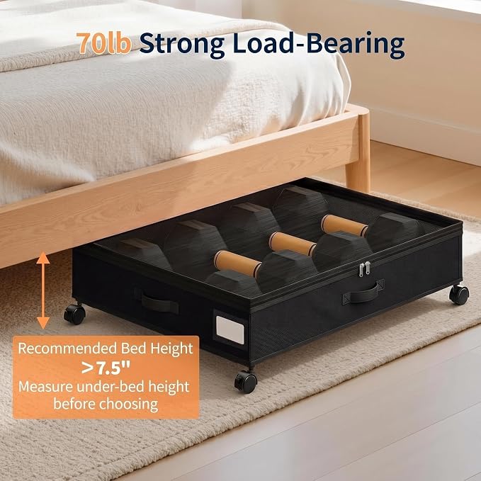 Yecaye 80L Under Bed Storage with Wheels, 2 Pack Under Bed Storage Containers with Lids for Clothes, Shoes and Blankets, Metal Rolling Underbed Storage Drawers for Bedrooms and Dorms, Black