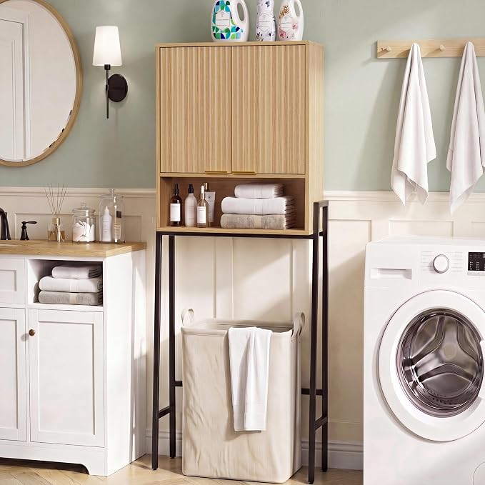 25" W Over The Toilet Storage Cabinet with Fluted Door,Bathroom Organizers and Storage with Adjustable Shelves, Modern Over Toilet Organizer for Bathroom,Restroom,Laundry,Oak