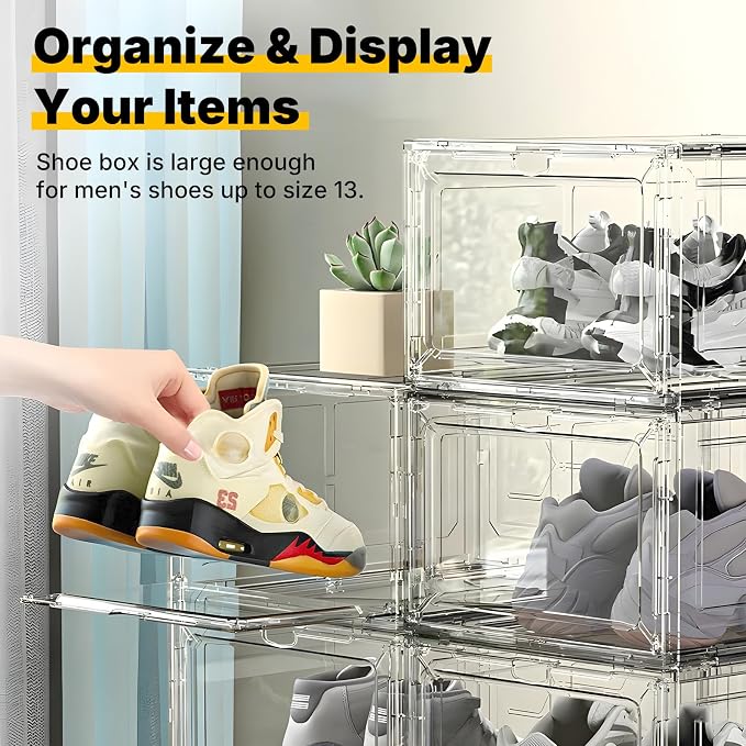 Stackable Clear Pink Shoe Boxes 6 Pack with Magnetic Door, Drop Front Sneaker Storage Organizer for Closet, Large Transparent Plastic Shoe Storage Containers
