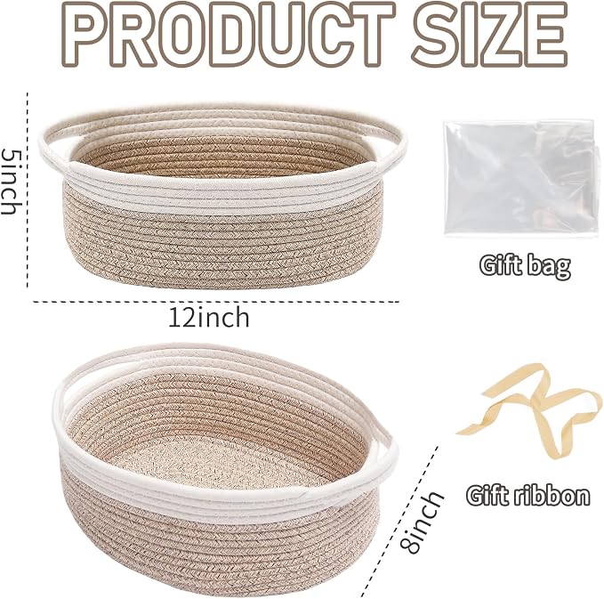 JMvicyroam Woven Basket,Small Rope Storage Bin with Handles & Ribbon Bag, Organizer for Shelves Closets,Gift Basket Empty for Birthday,Books,Dog Toys, White&Oatmeal/3 Pack