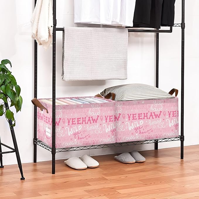 Howdy Cowgirl Quoted Pink Western Storage Basket Foldable Cube Storage Bins with Handles&Labels Waterproof Collapsible Organizer Box Bin Large Rectangle Decorative Baskets for Shelves Home Living Room