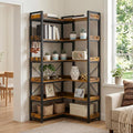 GTPLAYER 6-Tier Corner Bookshelf, L-Shaped Metal Frame Shelf with Tall 14" Shelves, Plant Stand and Storage Rack for Small Spaces, Living Room and Home Office, Vintage Brown