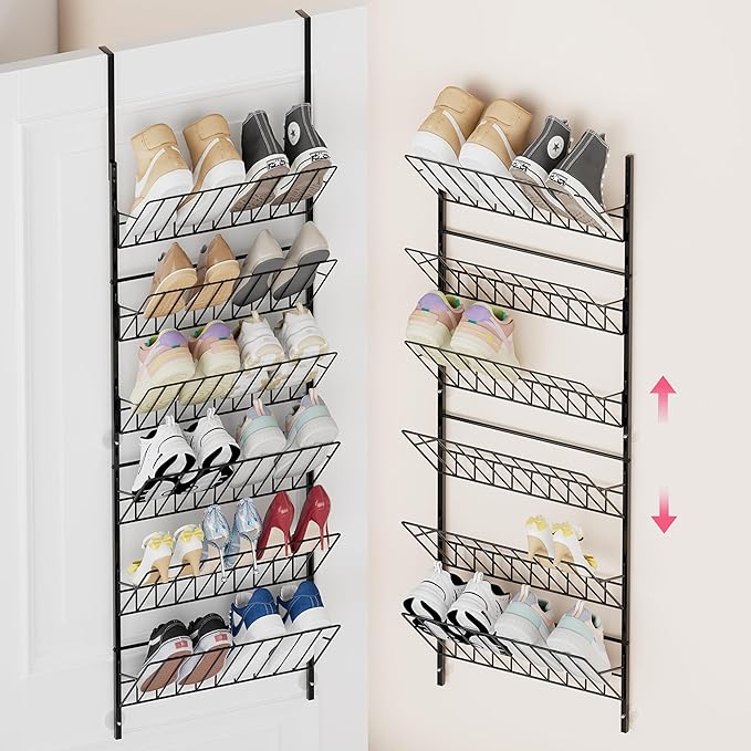 SWTYMIKI Over the Door Shoe Organizer - Adjustable 6 Tier Hanging Shoe Rack Organizer, Metal Heavy Duty Behind Door Storage or Wall Mount Shoes Shelf for Flats, Heels, Sneakers, Boots