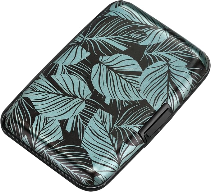 ELFISH Mini RFID Aluminum Wallet Credit Cards Holder Business Card Case Metal ID Case for Men Women(Gray Leaves)