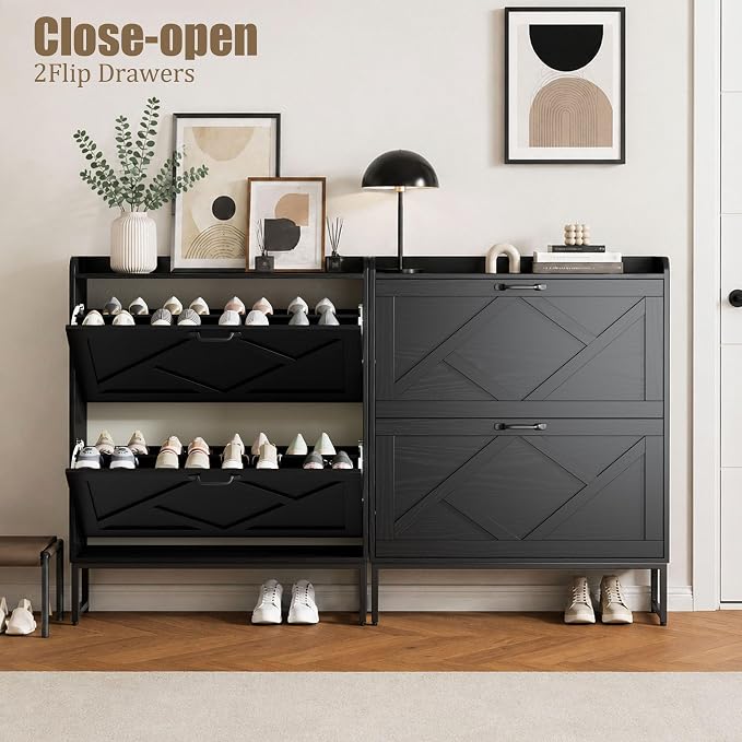 Nicetree Shoe Cabinet Storage for Entryway, Slim Shoe Storage Cabient with 2 Flip Drawers, Narrow Vertical Shoe Rack Cabinet with Metal Hooks, Small Space Solution for Hallway, Black