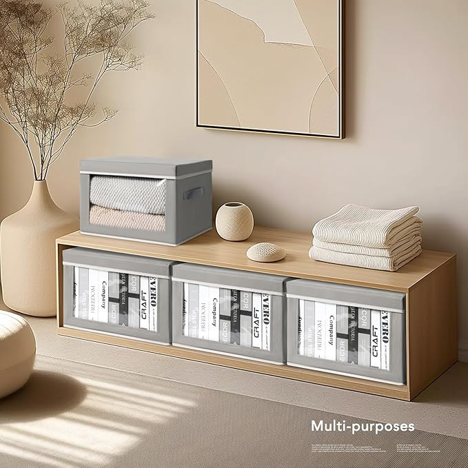 Homsorout Storage Bins with Lids - Fabric Closet Storage Bins with Window, Collapsible Baskets for Shelves 4 Pack, Home Decorative Boxes for Clothes, Closet, Office, Grey