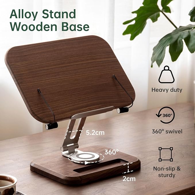 Solid Walnut Wood Bookshelf, Adjustable Book Stand, 360° Rotatable Foldable Laptop & Cookbook Holder for Bedroom Office Study