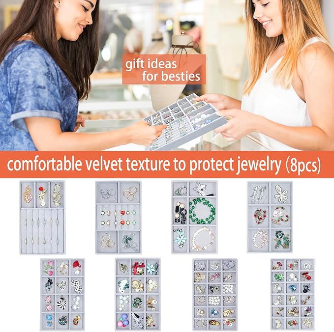 Jewelry Storage 8PACK, Velvet Jewelry Organizer Trays, 4PCS Stackable Jewelry Tray for Drawers, Grey Organizer for Rings, Earrings, Necklaces, Watches, Bracelets, Brooches