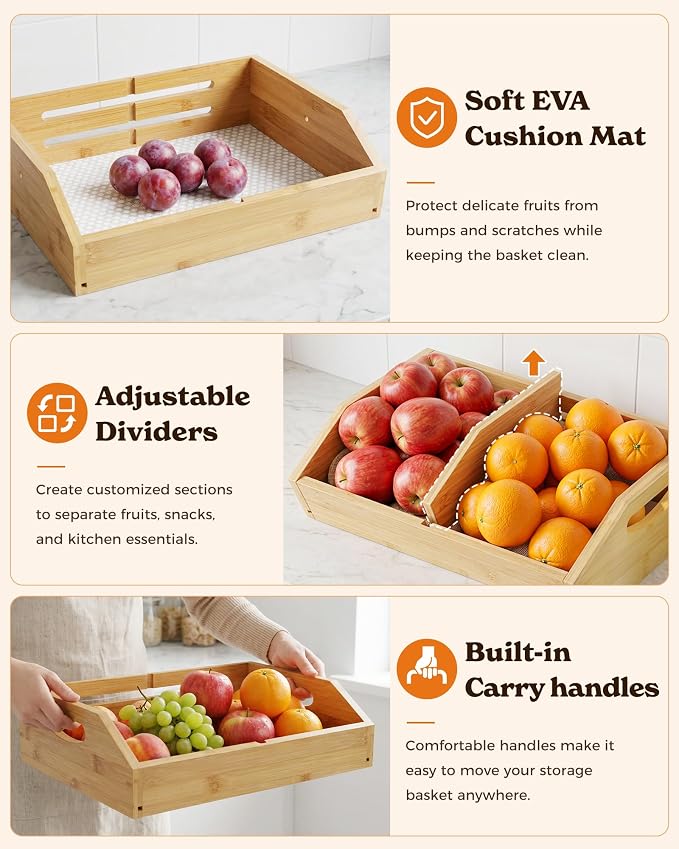 Sevenblue 3-Tier Bamboo Fruit Basket with 2 Banana Holders | Large tiered organizer for bread, snacks, veggies. Sturdy bamboo, includes mats & dividers. Easy to assemble.