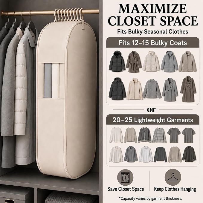 Space Saving Hanging Garment Bag, Compression Zipper for Coats & Jackets | Hanging storage keeps clothes visible and easy to find; holds 12-15 coats or 20-25 light garments; no pump needed.