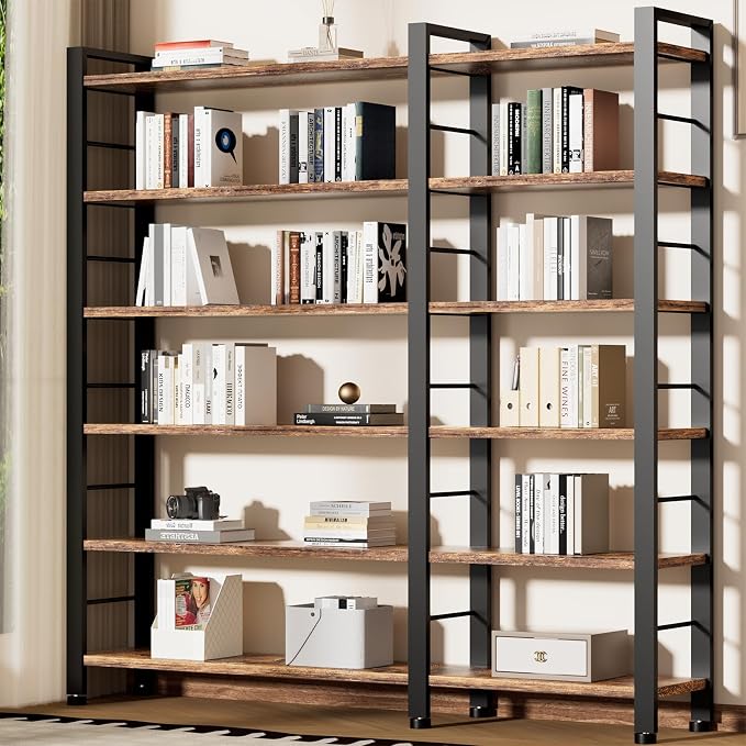 INNOD 69" X 50" Straight Wide 6 Tier Bookshelf with LED Light, L Shaped Bookcase with Adjustable Feet, Corner Book Case with 12 Open Shelves, Shelf Unit Display Shelf for Living Room, Home Office