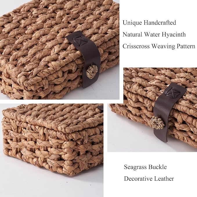 Decorative Box with Lid, Wicker Storage Basket, Water Hyacinth Woven Decorative box for Shelf, Coffee Table, Console Table, Home Decor (Small)