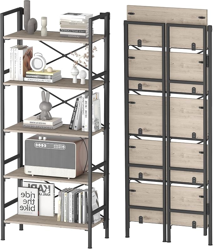 Homeiju Folding Bookshelf,5 Tier Bookcase Foldable Shelf with X-Bracket Design, Adjustable Feet, Space Saving Storage for Living Room, Office
