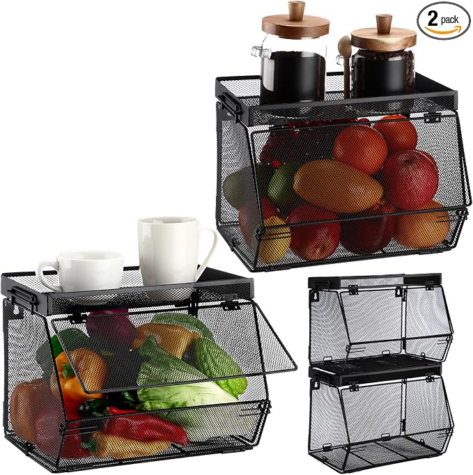 Teenyyou 2 Pcs Stackable Mesh Fruit Basket with Lid Wall Produce Vegetable Storage Basket Onion Potato Hanging Metal Wire Container for Kitchen Counter Pantry(Removable,Black,7.1" w & 11.8" l)