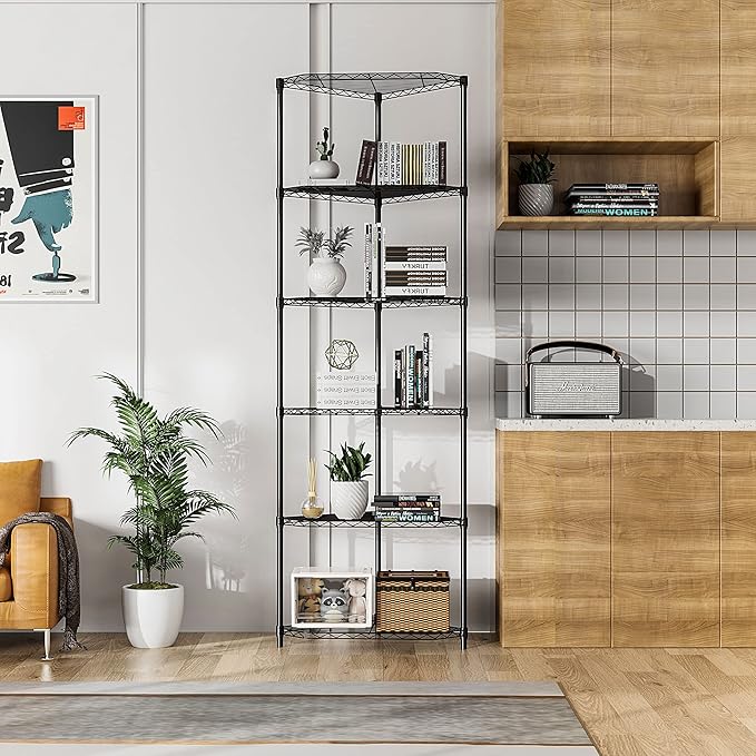 6 Tier NSF Metal Shelf Pentagonal Corner Wire Shelving Unit, 600lbs Capacity Heavy Duty Adjustable Storage Rack with Shelf Liners for Kitchen Garage Office Etc Room Corner, 72"H x 20"L x 20"D - Black