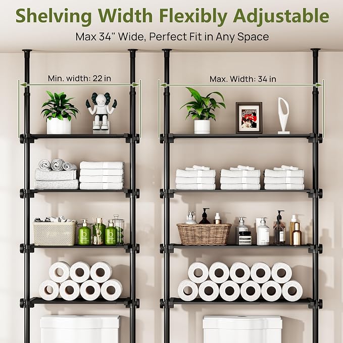 ALLZONE Adjustable Over The Toilet Storage Shelf, 4-Tier Ample Bathroom Organizer and Storage, Tension Mounted Above Toilet Storages Cabinet for Versatility, Fits 66-113 Inch Heights, Black
