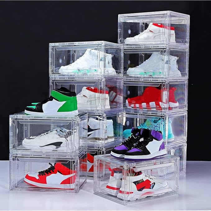 12 Pack Shoe Boxes, Rigid Clear Acrylic Panels Sneaker Display Cases | Magnetic Stackable Drop Front Shoe Storage Container Fits Men’s Size 15