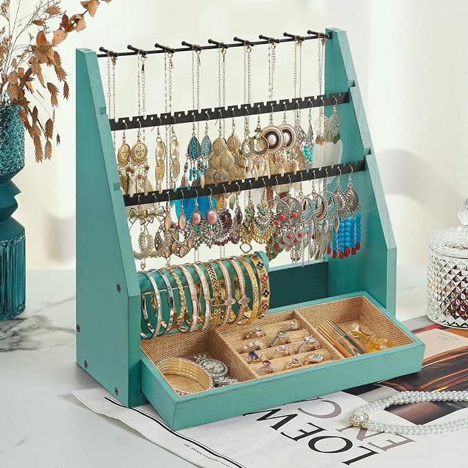 DGWJSU Jewelry Organizer Stand, 5 Layer Earring Holder Organizer with Necklace Holder, Rustic Wood Earring Organizer Display for Stud Earring Bracelet Necklace Ring, Watches