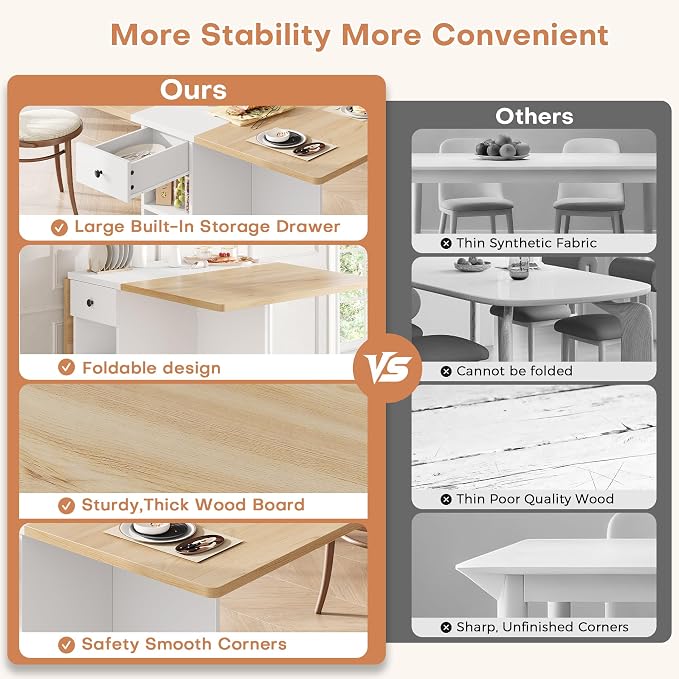 Jocoevol Folding Dining Table for Small Spaces, Foldable Kitchen Table with Drawer, 2-Tier Storage Shelf & Wheels, Space Saving Dining Table for 2 4, Farmhouse, Natural