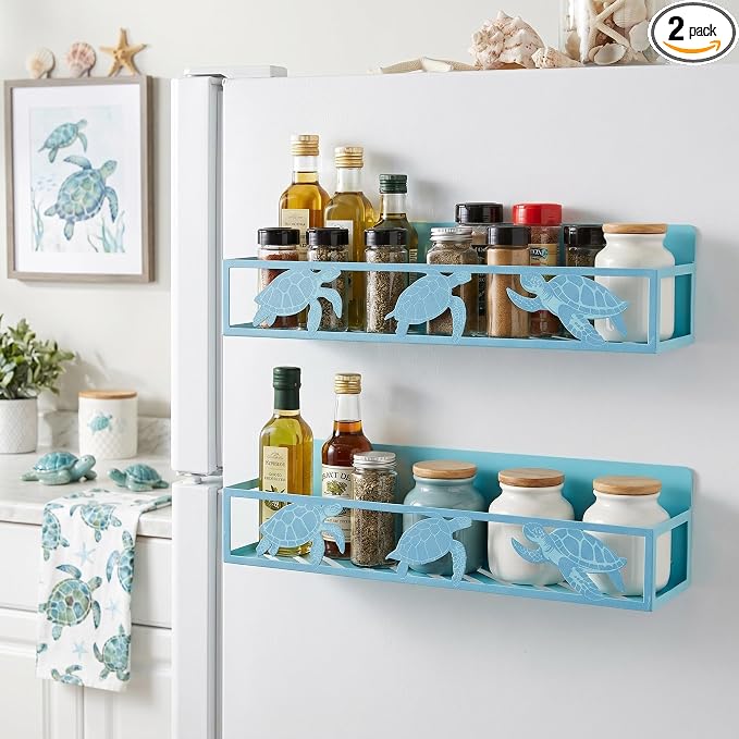 Beeveer 2 Pack Sea Turtle Magnetic Spice Rack Blue Metal Fridge Magnet Storage Basket for Refrigerator Condiment Seasoning Bottles, Coastal Kitchen Organizer Home Decor Accessories