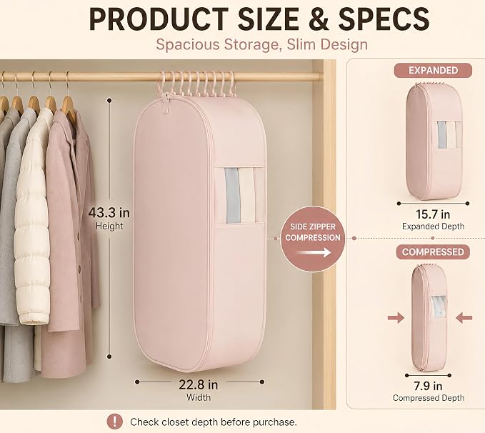 Space Saving Hanging Garment Bag, Compression Zipper for Coats & Jackets | Hanging storage keeps clothes visible and easy to find; holds 12-15 coats or 20-25 light garments; no pump needed.